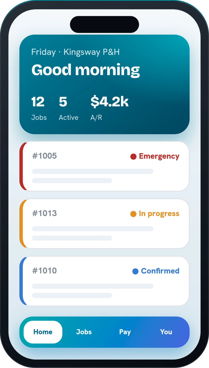 Provilion on a phone: the day&rsquo;s jobs, active count and money owed, with each job&rsquo;s urgency and status.